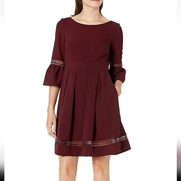 ELIZA J BELL SLEEVE Burgundy FIT FLARE  DRESS sz  12 NWT - Picture 1 of 14